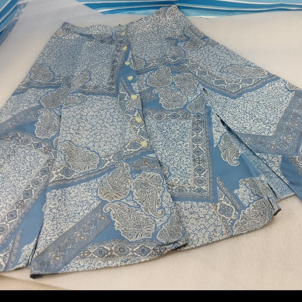 70s Cathedral print Maxi Skirt with exposed buttons & front slits Made in Canada